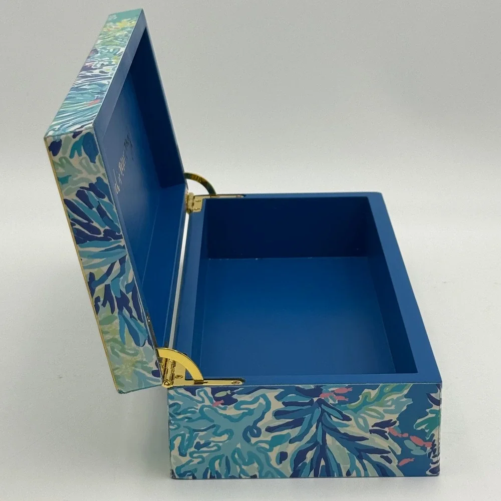 Lilly Pulitzer Lacquer Box Blue Green Floral Keepsake Jewelry Storage Gold Trim